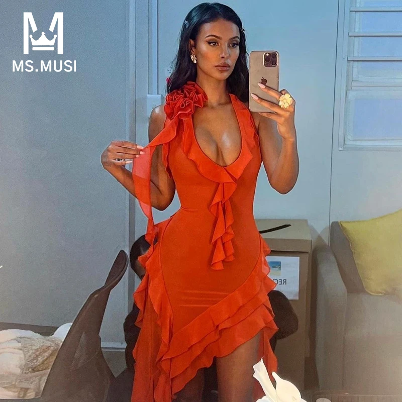 

MSMUSI 2023 New Fashion Women Sexy Halter Floral Falbala Ruffles Lace Mesh Draped Backless Bodycon Party Club Slit Midi Dress