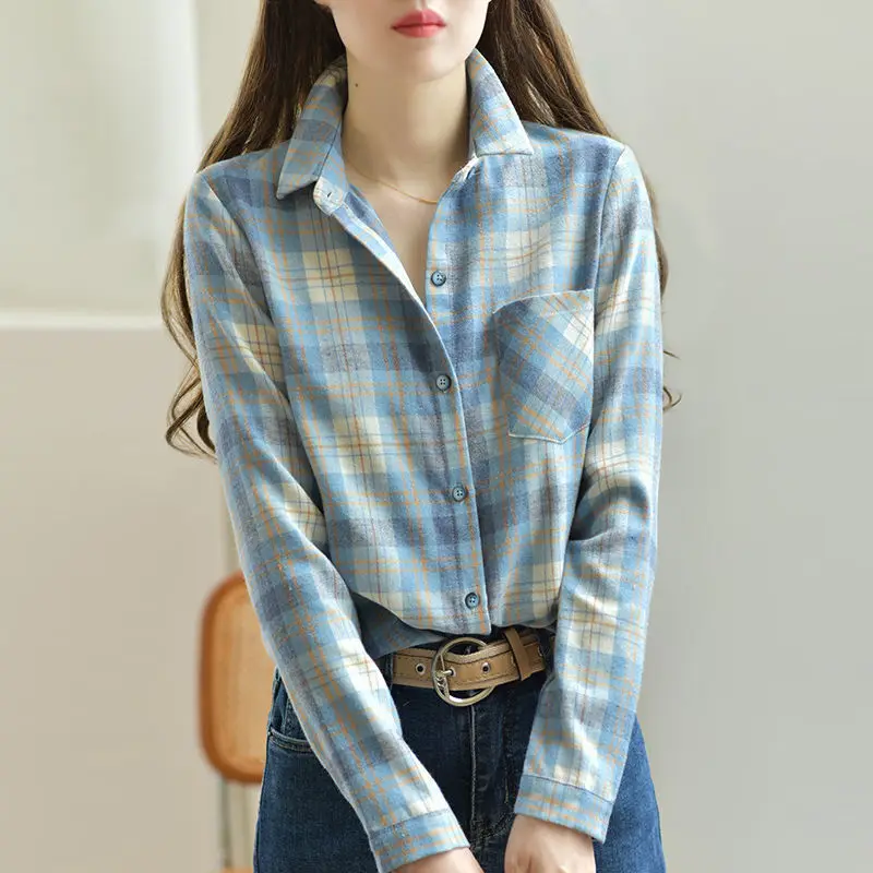 Vintage Printed Button Pockets Plaid Shirt 2022 Autumn New Casual Tops Loose All-match Women's Clothing Commute Blouses