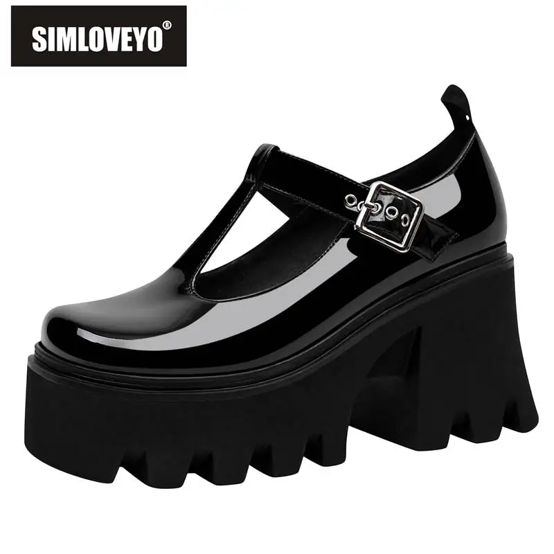 

SIMLOVEYO Brand Mary Jane Pumps Round Toe Chunky High Heel 9.5cm Platform Hill 6cm Buckle Strap Concise Female Shoes 43 Big Size