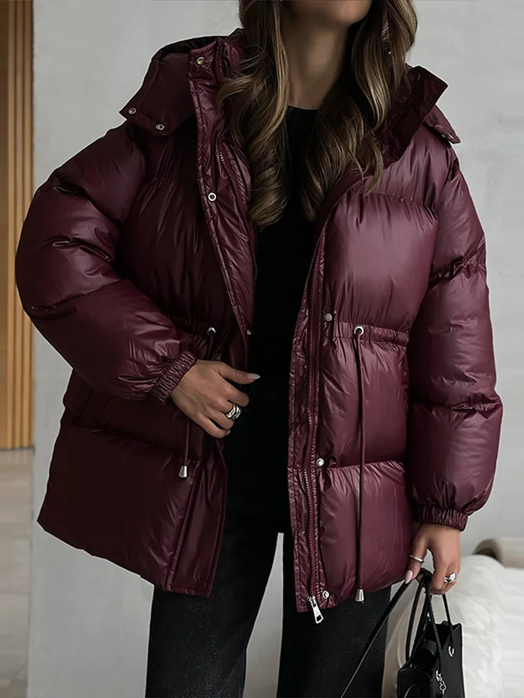 Solid Zipper Drawstring Puffer Jacket Quilted Water Resistant Loose 2025 Winter Warm Women Outerwear Daily Causal Lady Coat
