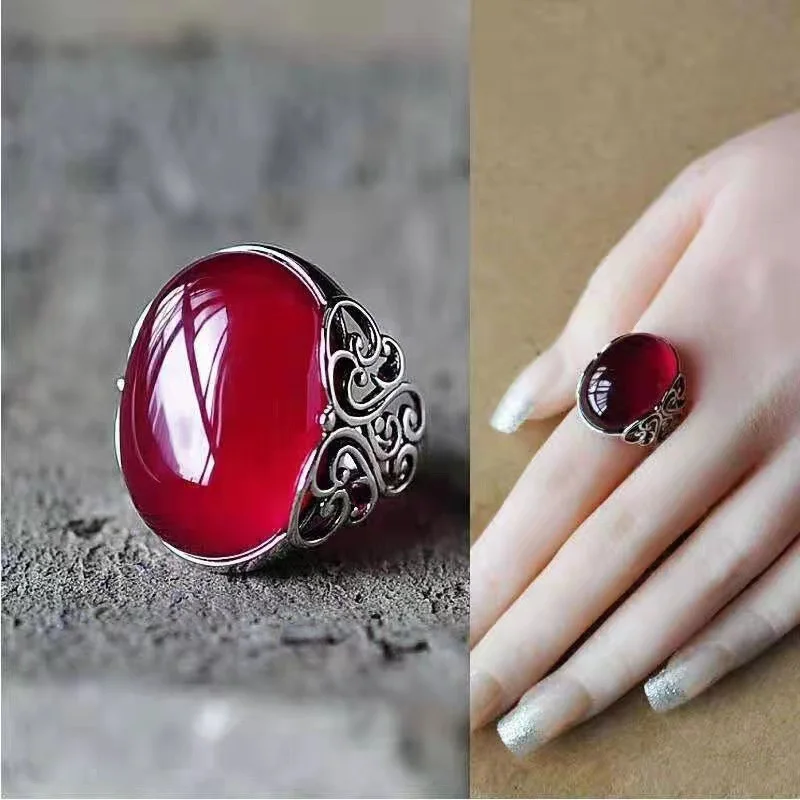 Crystal Rings Stone Rings Fashion Rings Fashion Ring Finger Rings Metal Rings Wu's Red Agate Chalcedony Ancient Silver Color Open Ring Female Crown Rhinestone Ring Hollow Butterfly Adjustable