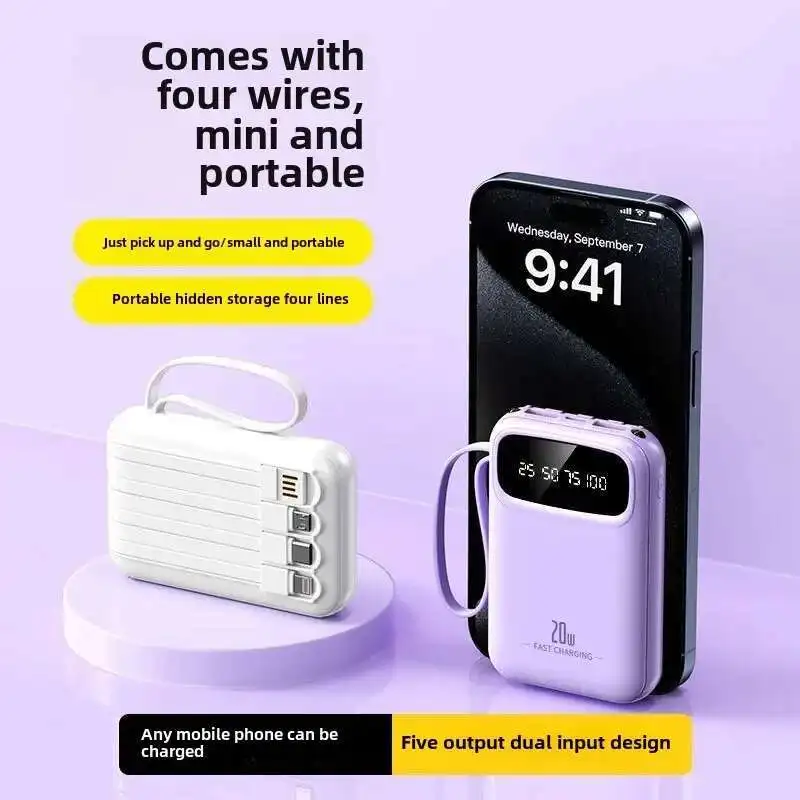20000mAh 4 in1 Built-in Cable Power Bank, 22.5W Fast Charging Portable Charger, Ultra Slim External Battery for iPhone Samsung 6