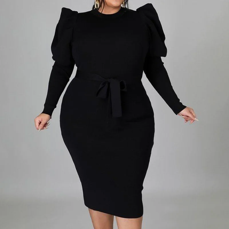 Elegant Plus Size Women's Clothing Round Neck Solid Color Bag Hip Lacing Long Sleeve Autumn Slim High Waist Midi Evening Dress