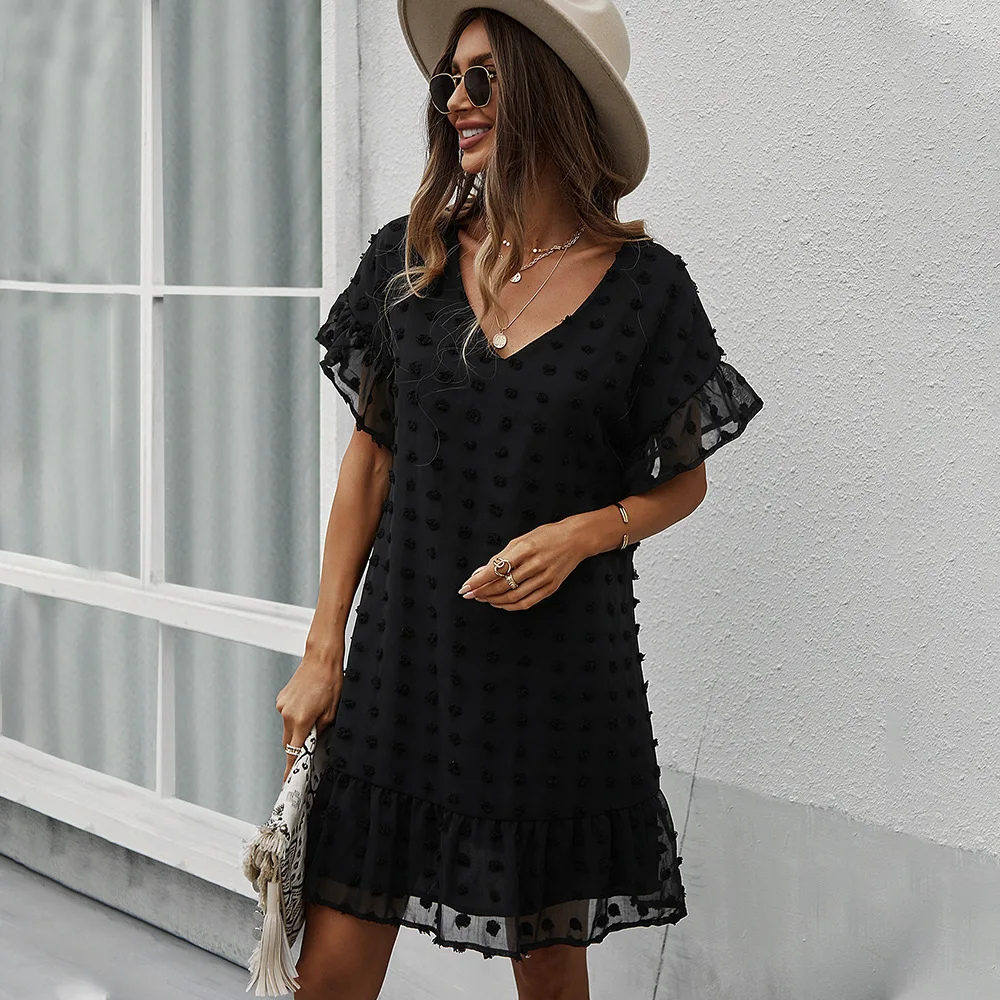 

2022 Spring Summer Sexy V Neck Fur Ball Black Women Casual Short Dress