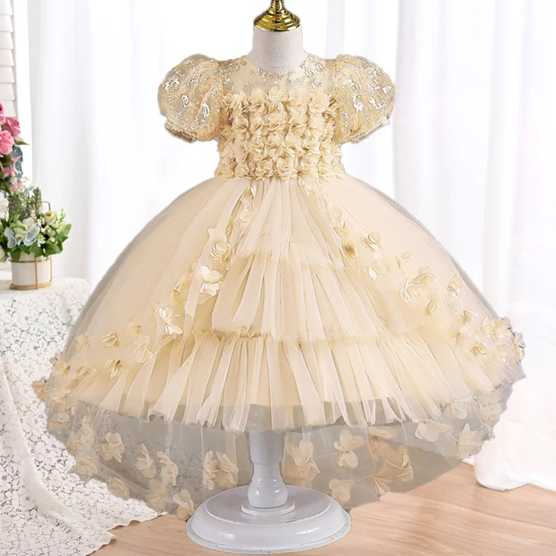 New 4-12Year Old Girl Lace Petals Childrens Dress Wedding Princess Dress Christmas Girl Gift Tailed New Year Party Evening Dress