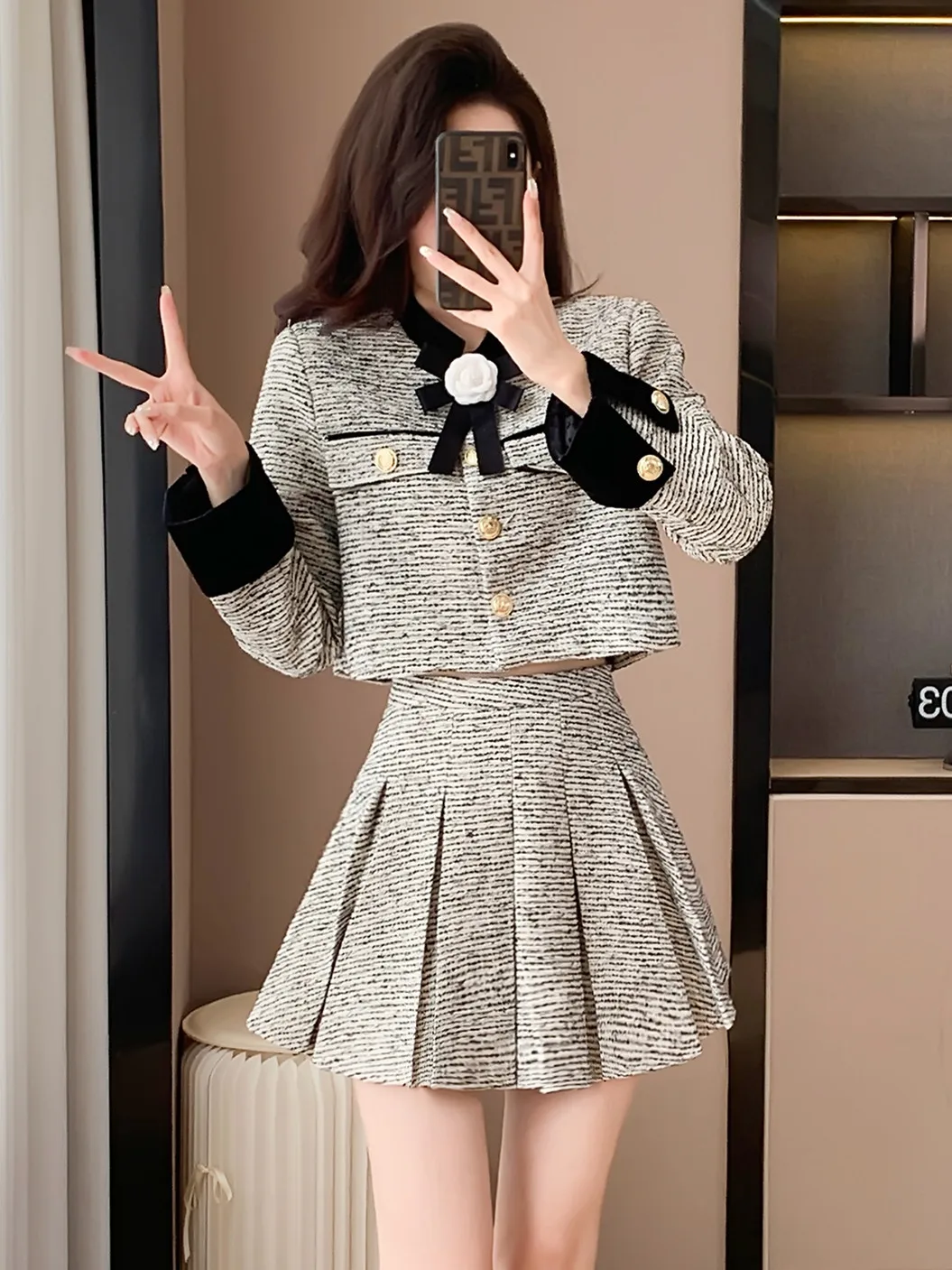 Fashion Small Fragrance Tweed Two Piece Set Women Crop Top Bow Short Jacket  Coat + Pleated Skirt Suits Vintage 2 Piece Sets - Dress Sets - AliExpress