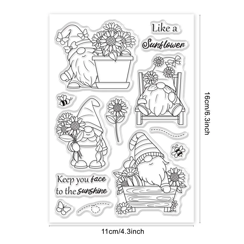 Gnome Dwarf Silicone Clear Stamp 1Sheet Butterfly and Bee Flower Transparent Silicone Stamp Sunflower Clear for Scrapbook clear stamps,clear rubber stamps