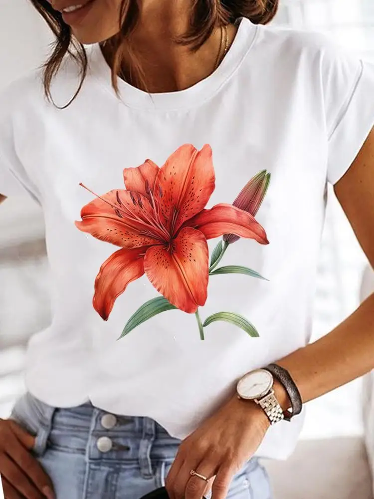 Clothes T Female Clothing For Women Graphic Tee Fashion Lady Sweet Flower 90s Casual Top O-neck Short Sleeve Print T-shirts