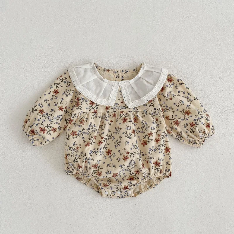 

2023 Spring Baby Clothing Baby Girls Lace Lotus Collar Floral Bodysuit Infant Cotton One Piece