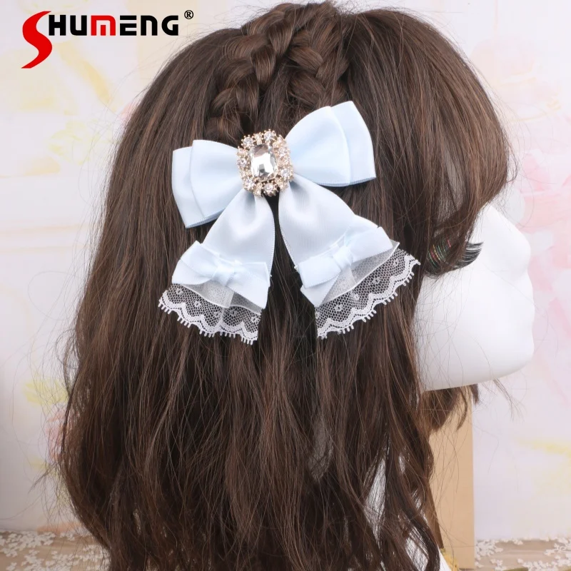 Cute Bag Accessories Lolita Lace Rhinestone Bow Pearl Beaded Bag Pendant for Women 2024 Handmade Original Water Blue Girl Gift