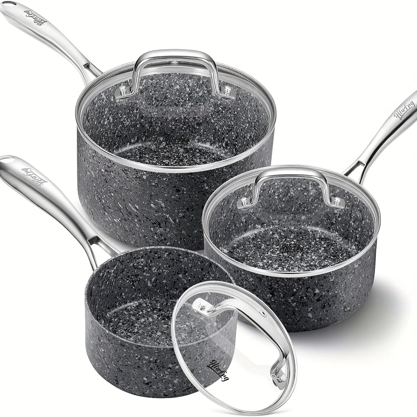 

Nonstick Premium 3-Piece Saucepan Set with Glass Lids, Natural Durable Granite Coating, Nonstick, Durable & Oven Safe to 420°F,