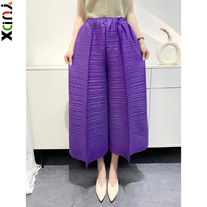 

Miyake horizontal pleated women's nine-minute pants loose straight high-waisted hundred Slim fashion women's 2024 summer new