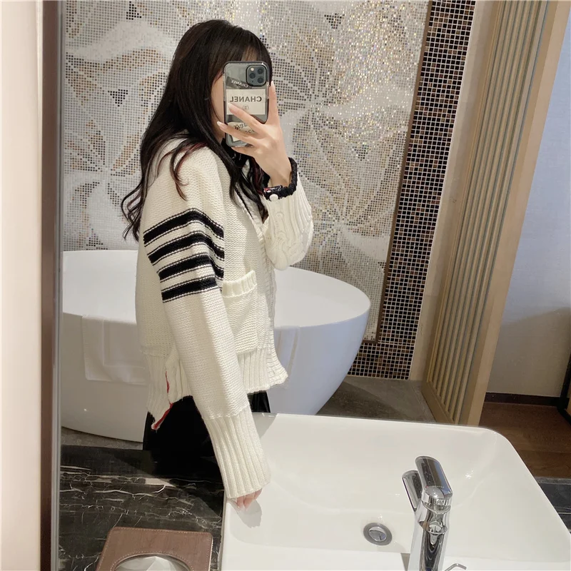 

Trendy goods ~ autumn and winter TB asymmetric cardigan V-neck thick wool thick loose sweater four-bar striped sweater women