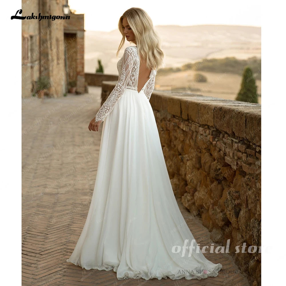 Lakshmigown Plunging Boho Wedding Dress Long Sleeve Lace Bodice Chiffon V Neck Customized Beach Bridal Gown robe mariée 2