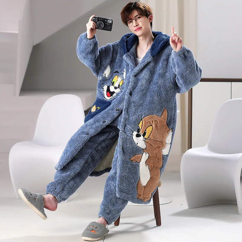 Winter Men's Hooded Coral Velvet Cartoon Pajamas Set Cute Flannel Thickened Plush Cardigan Night-robe Warm Home Clothing