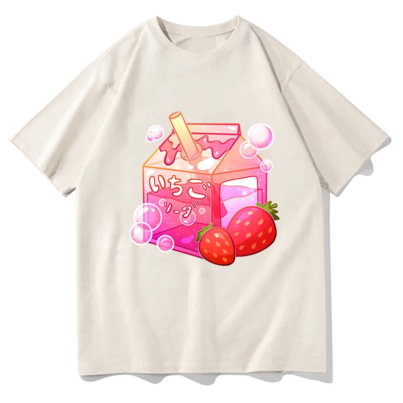 

Strawberry Milk Cartoon Printing Tee-shirt Casual Short Sleeve O-neck T-shirts Cotton Soft High Quality Tshirts Women Girls Tees