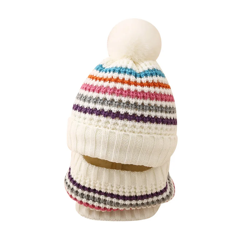 New Autumn Winter Children Hat Scarf Set Kids Wool knitted Hat Collar For Boys Girls Velvet Colored Striped Woolen Cap