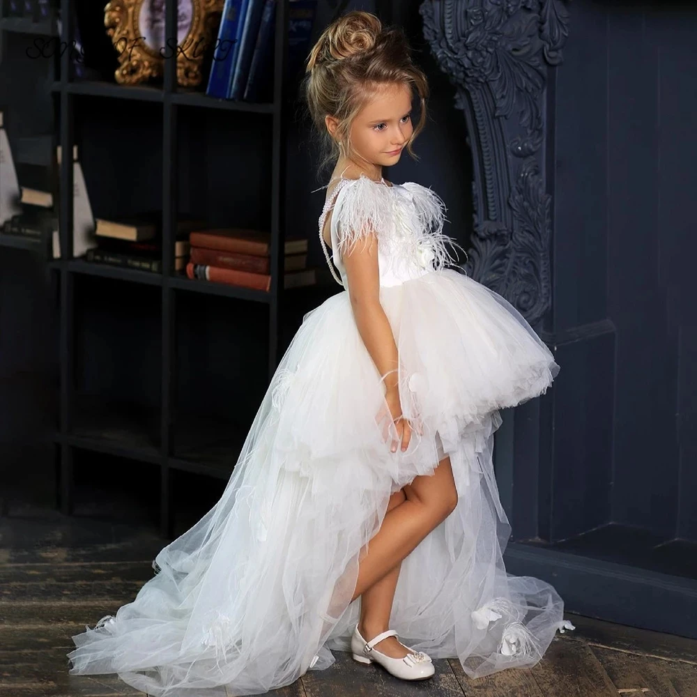

Strapless High Low Wedding Occasion Flower Girl Dresses Little Angel Feather Backless Children Birthday Party Skirt Hand Made