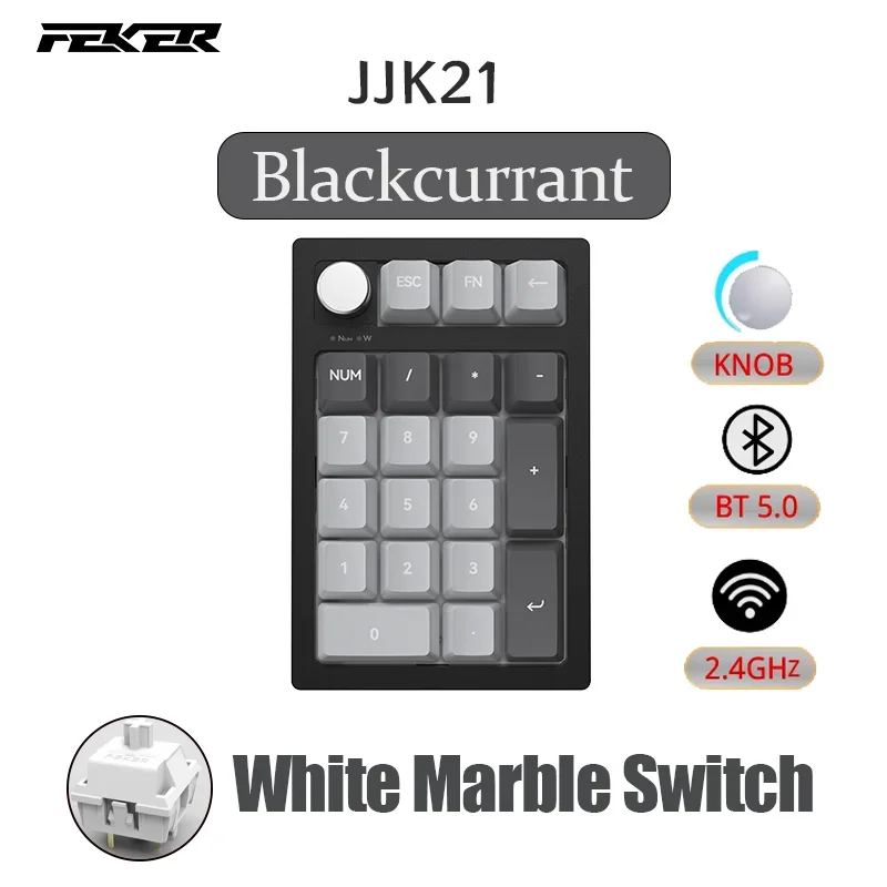 FEKER JJK21 3Modes PAD Mini Mechanical Keyboard USB/ Bluetooth/2.4GHz RGB Lighting Numeric Konb White Black Kit