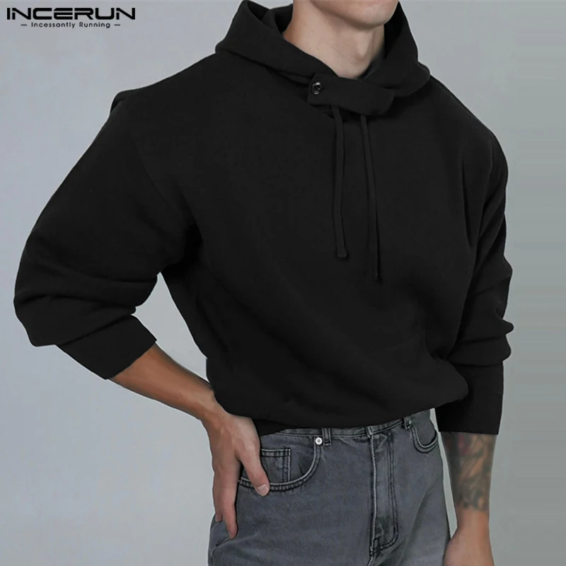 

INCERUN Tops 2024 Korean Style New Men's Simple Solid Hooded Knit Hoodie Casual Well Fitting Male Long Sleeved Sweatshirts S-5XL