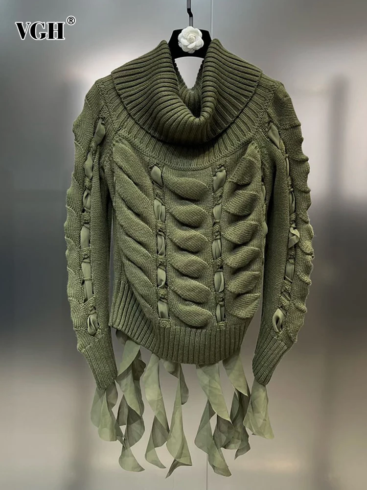 

VGH Solid Patchwork Lace Up Loose Sweater For Women Turtleneck Long Sleeve Spliced Folds Casual Pullover Sweaters Female Fashion