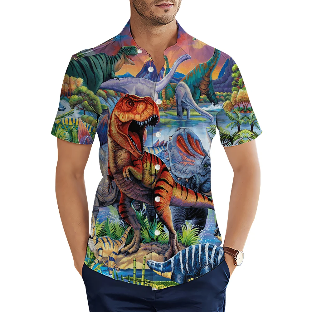 

CLOOCL Men Shirt Jurassic Animal Dinosaur 3D Graphics Summer Short Sleeve Men Shirts Casual Lapel Button Cozy Tops Ropa Hombre
