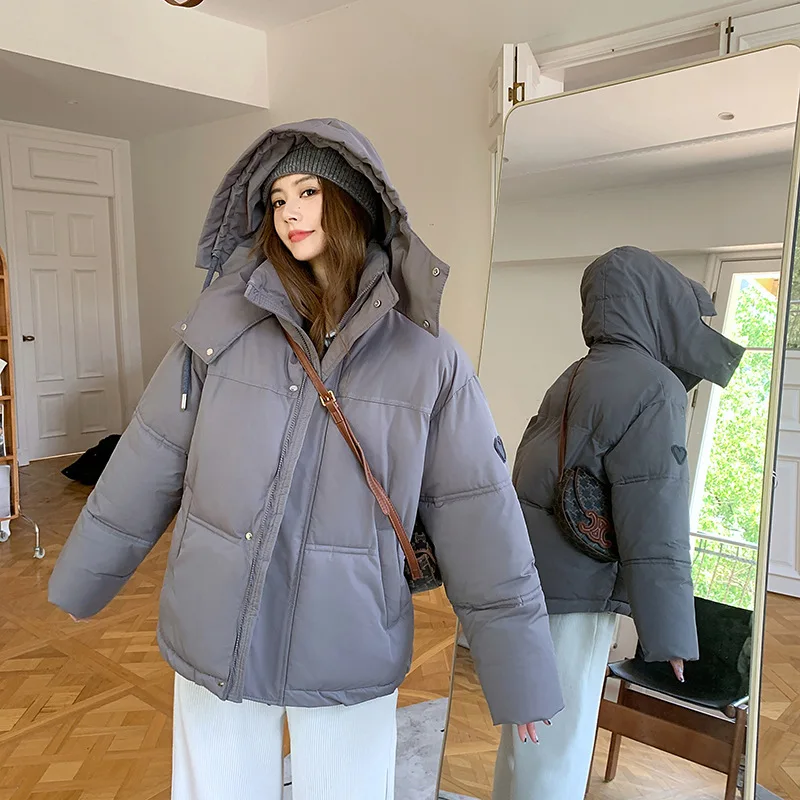 Hooded Black Loose Puffer Jacket Winter Coat Women Thick Warm Parka Embroidery Grey Coats Long Sleeve Snowsuit Korean Outerwear