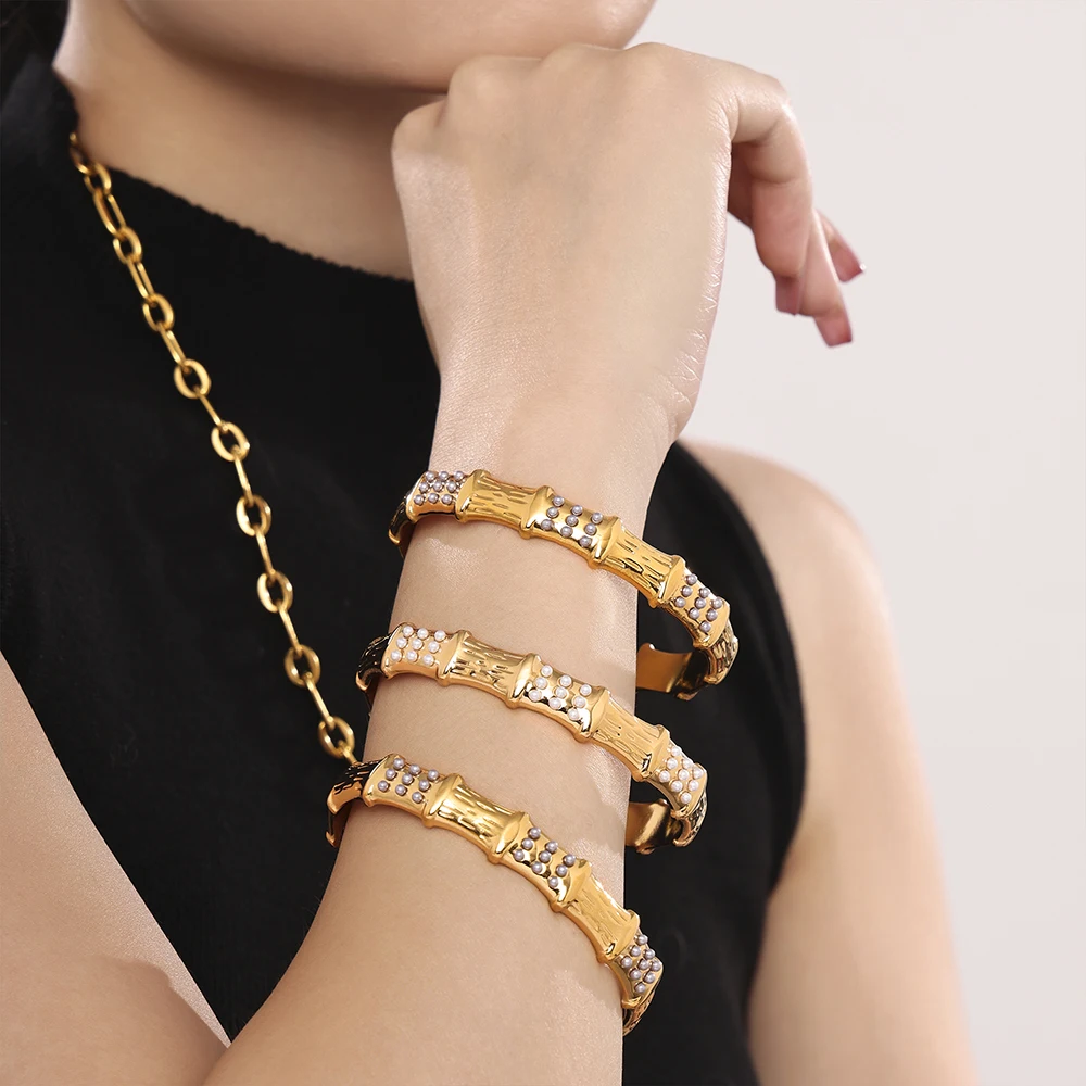 Kreative Manschettenarmbänder aus Edelstahl 316L für Damen, Armband mit Imitationsperlen, Damen-Bambus-Armreif, modischer, wasserdichter Schmuck – Detail 2