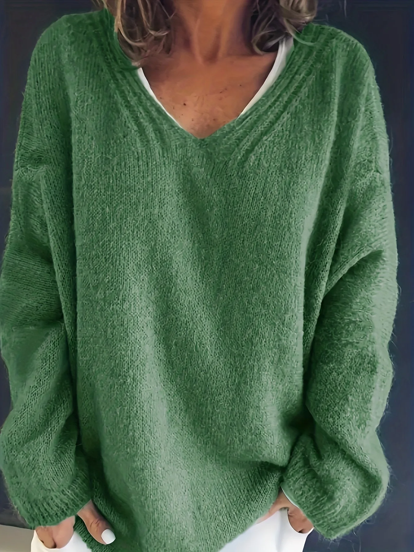 여성용 플러스 사이즈 캐주얼 스웨터, 단색 긴팔 V넥, 하이 스트레치, 루즈핏 풀오버 점퍼, 가을 및 겨울 상의 