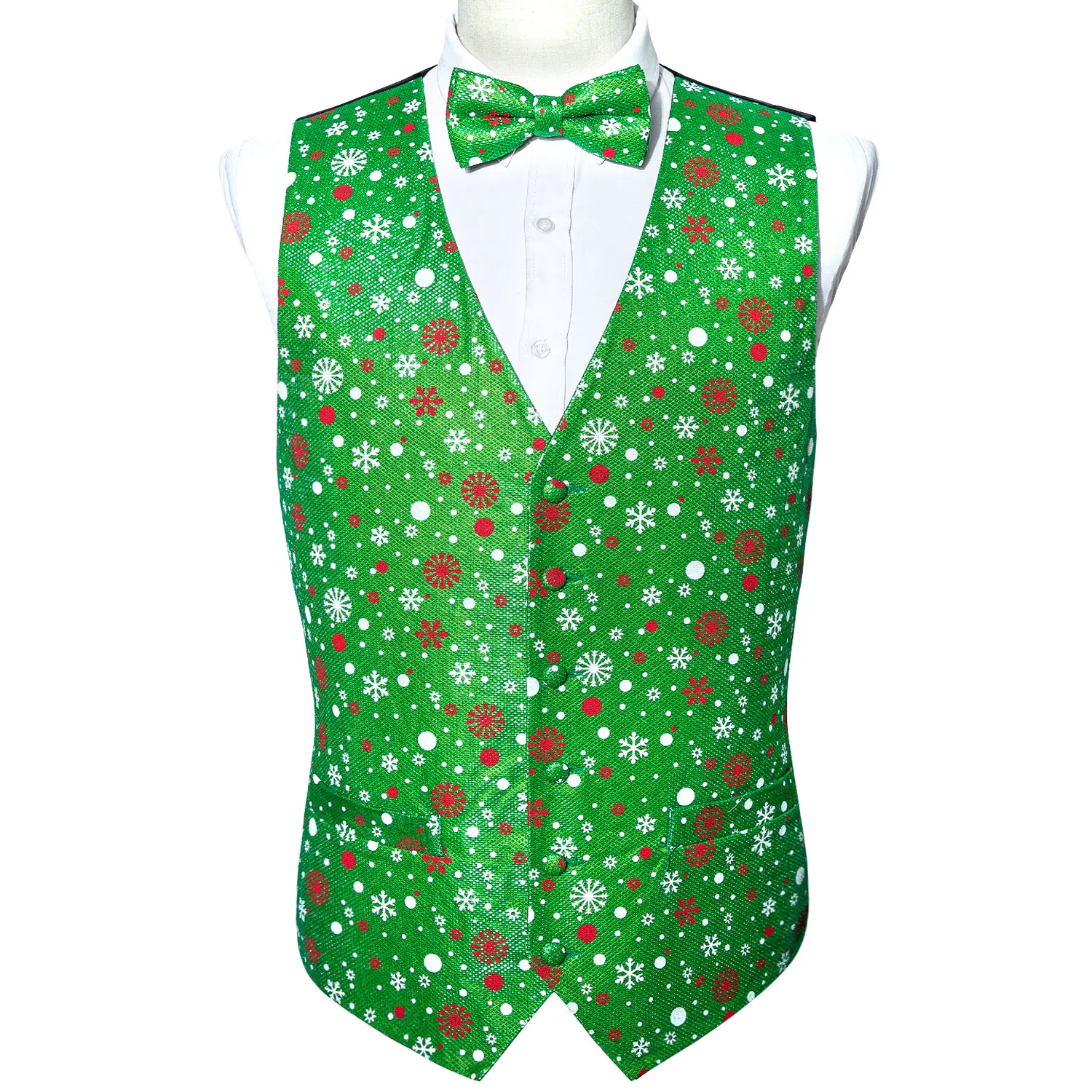 Designer-Festival-Christmas-Vest-for-Men-Silk-Green-Red-White-Snowflake ...