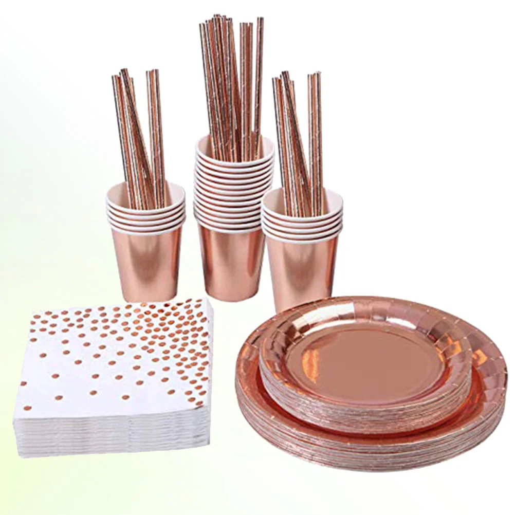 50pcs Disposable Tableware Kit Paper Plates Cup Set Fashion Dinnerware Party Napkin Straw Birthday Party Supplies (Rosy )