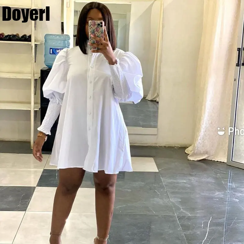 

Платье-рубашка женское с отложным воротником, блузка на пуговицах, с рукавами-фонариками, уличная одежда, Свободные повседневные туники в стиле оверсайз