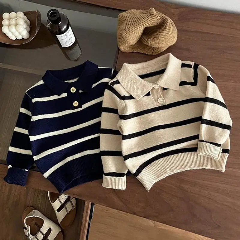 Autumn New Baby Long Sleeve Knit Sweater Winter Warm Polo Collar Sweater For Boys Girls Fashion Infant Striped knit sweater