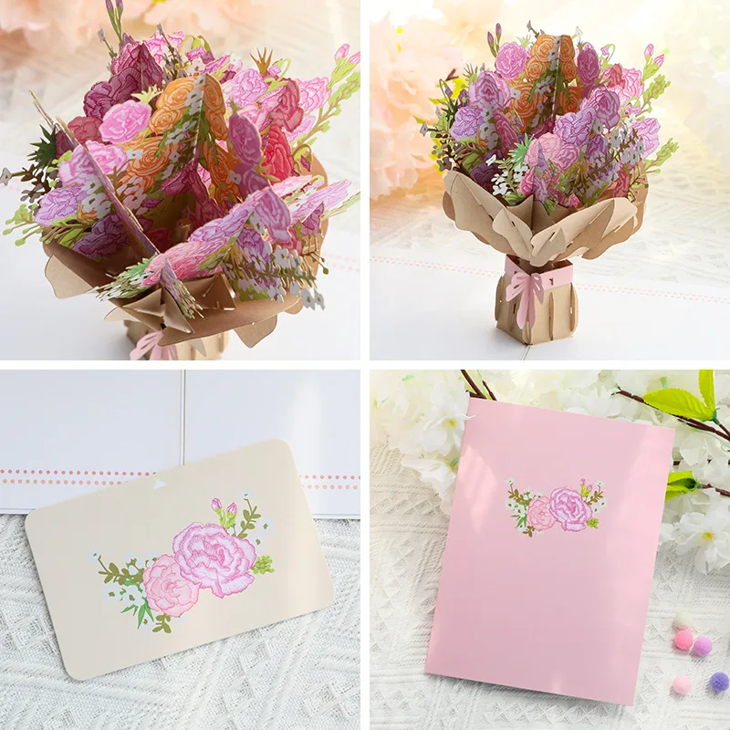 Valentine's Day 3D Card Embroidery Carnation Bouquet Paper Carving Creative Gratitude Blessing Message Envelope Cardboard