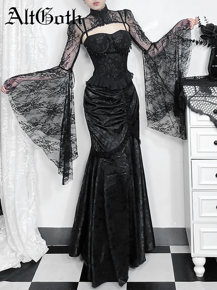 AltGoth Aesthetic Vintage Gothic Midi Skirt Women Dark Streetwear Palace Style Lace Patchwork High Waist Trumpet Skirt Female