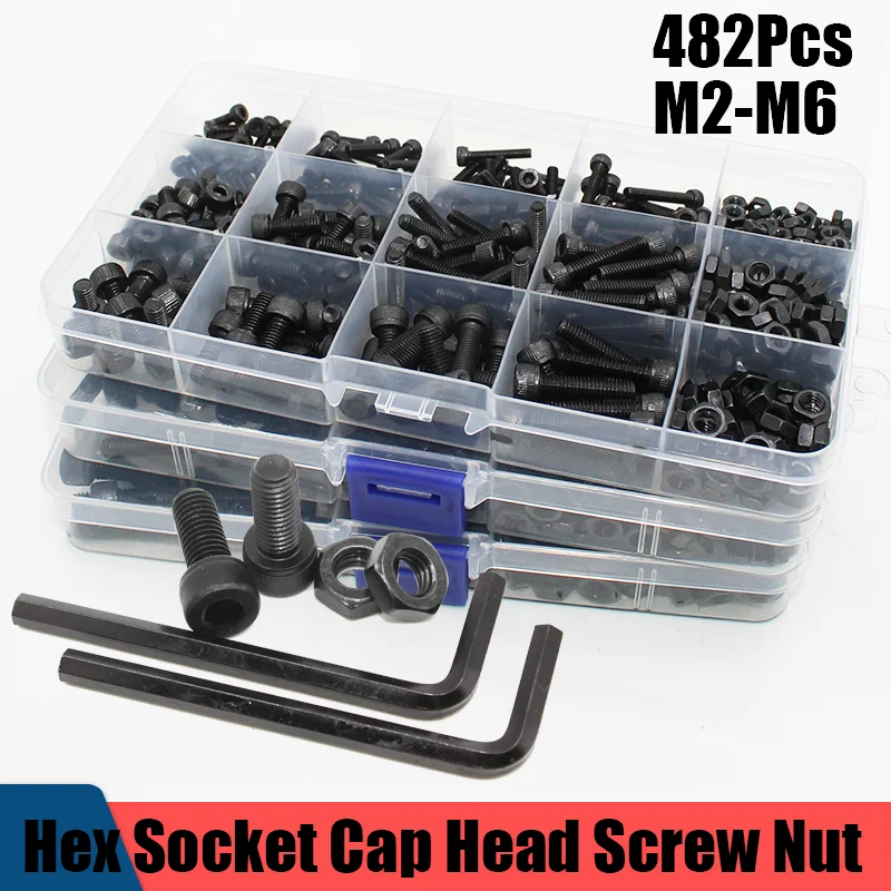 Aço Carbono Allen Parafuso Soquete Sextavado Parafuso de Cabeça Cap Porca Din912 m2 m3 m4 m5 m6 Variedade Kit Grau 12.9 Preto