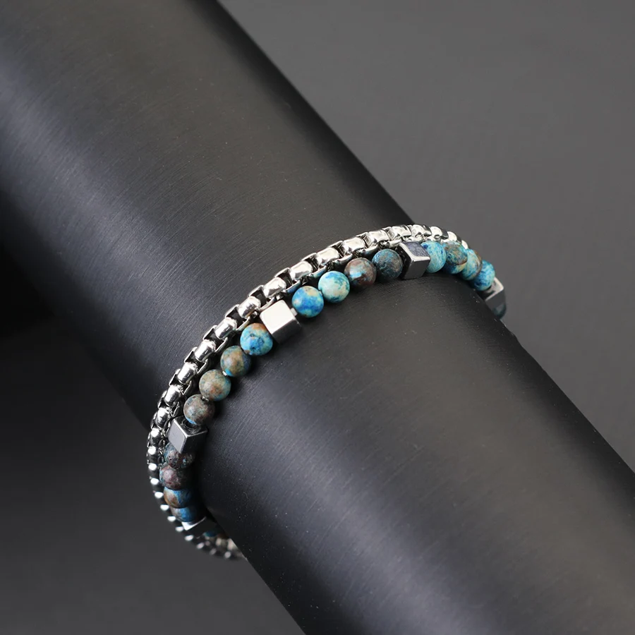 2 Teile/satz Edelstahl Armband Männer Box Kette Geometrische Silbrig Hämatit 4mm Naturstein Armband Hiphop Rock Erkek Bileklik