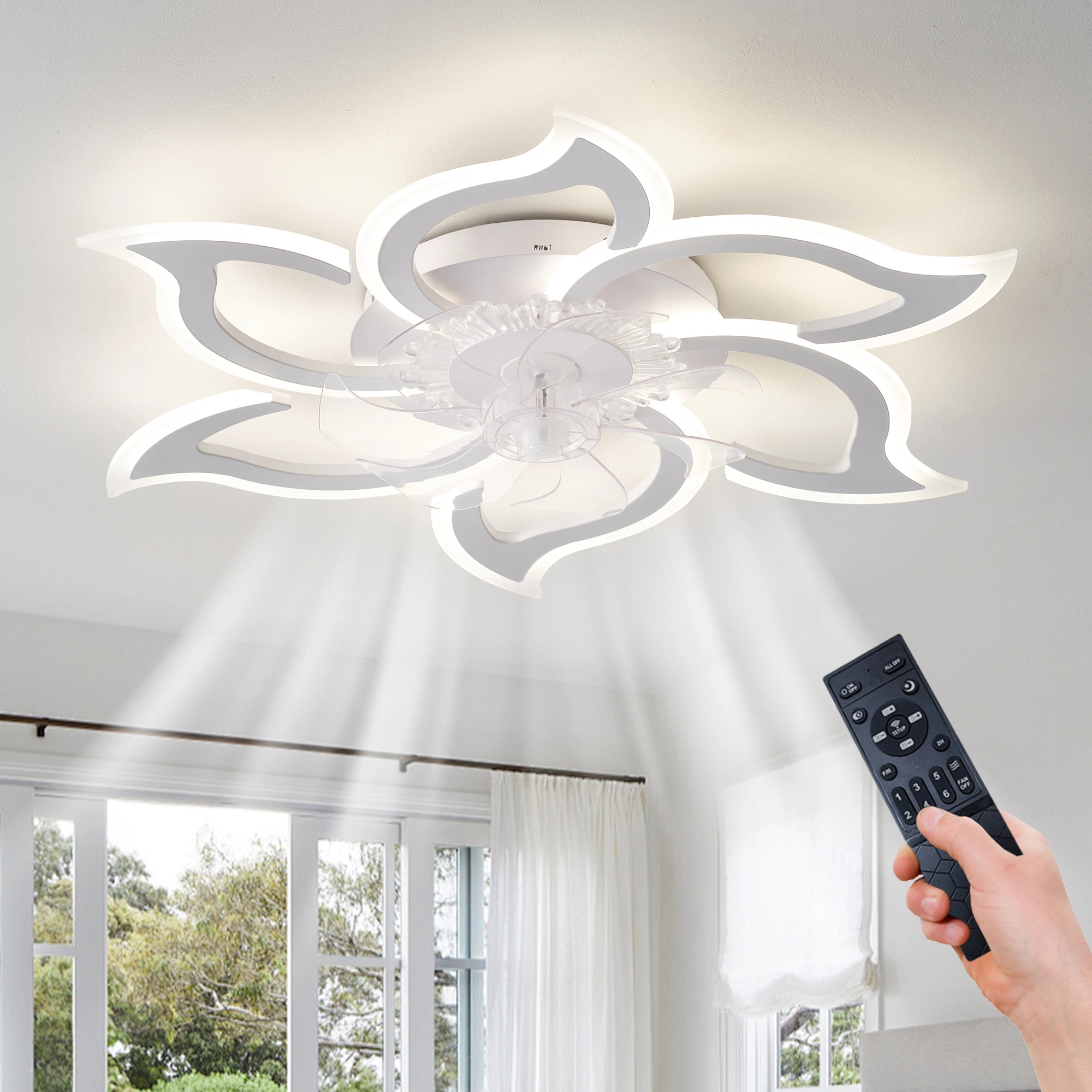 Smart Lotus-Shaped Ceiling Fan with Light, Adjustable Color Temperature and Brightness, 6 Wind Speeds, Reversible for Winter and Summer, Remote Control + App Control, 30Db Silent, Suitable for Multiple Scenarios