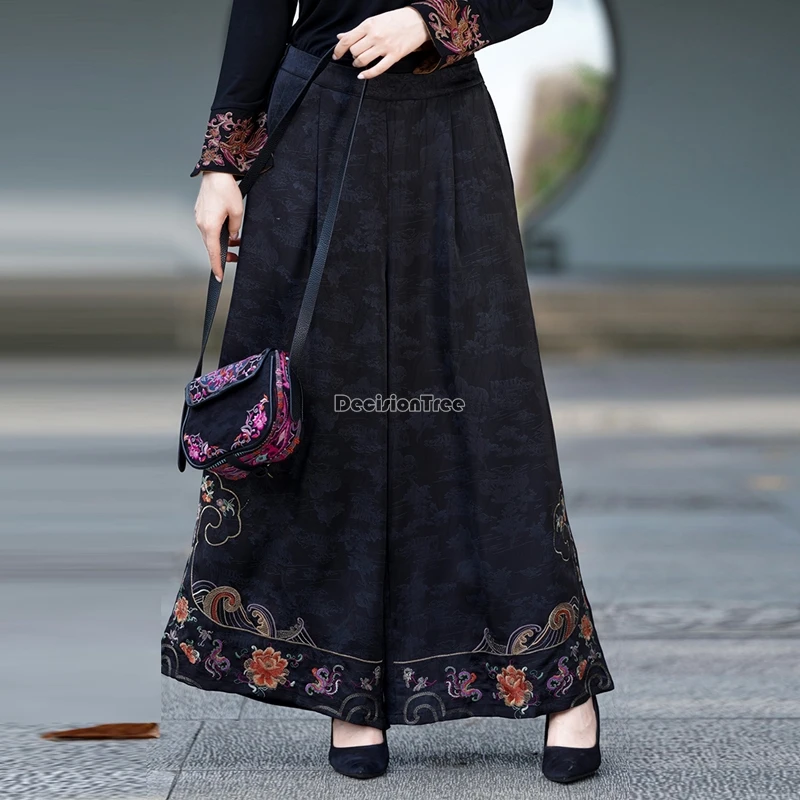 chinese national style embroidery wide leg pants women casual straight pants loose retro style elastic waist t001