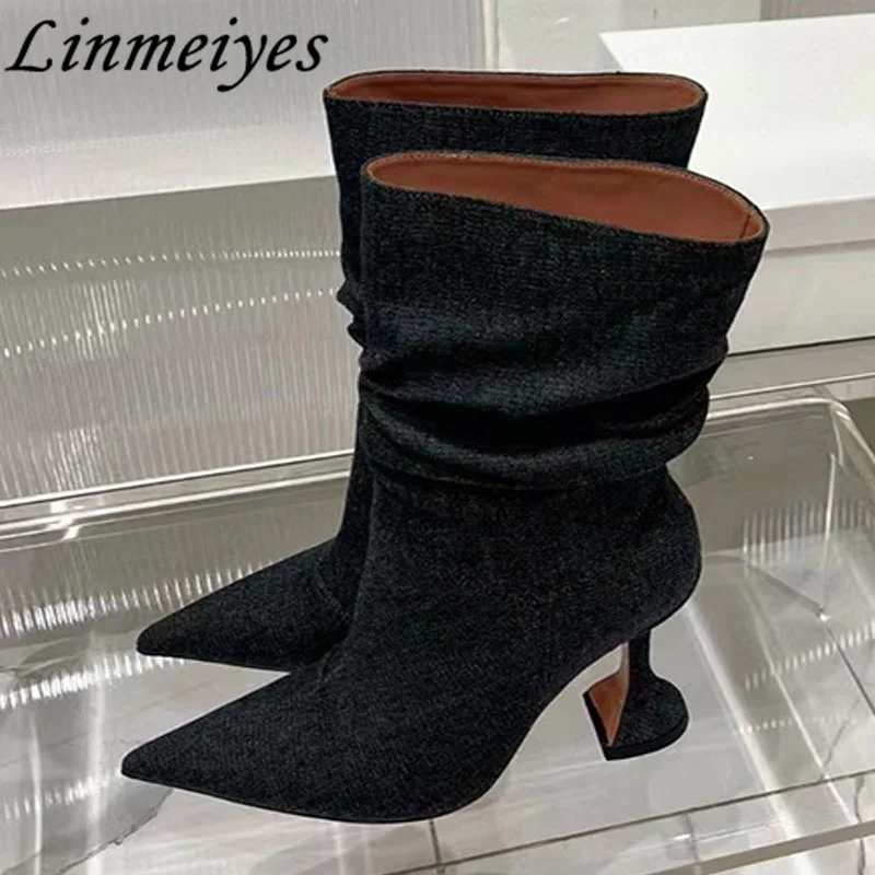 

Novelty Cup Heels Short Boots Women Denim Pleated Styles Stiletto Shoes Female Sexy Pointy Toe Runway Mid-Calf Boots Women