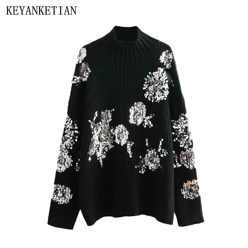 

KEYANKETIAN Autumn /Winter Women Pullover Sweater Sequined Beading Floral Decoration Padded Knitwear Female Stylish Crop Top