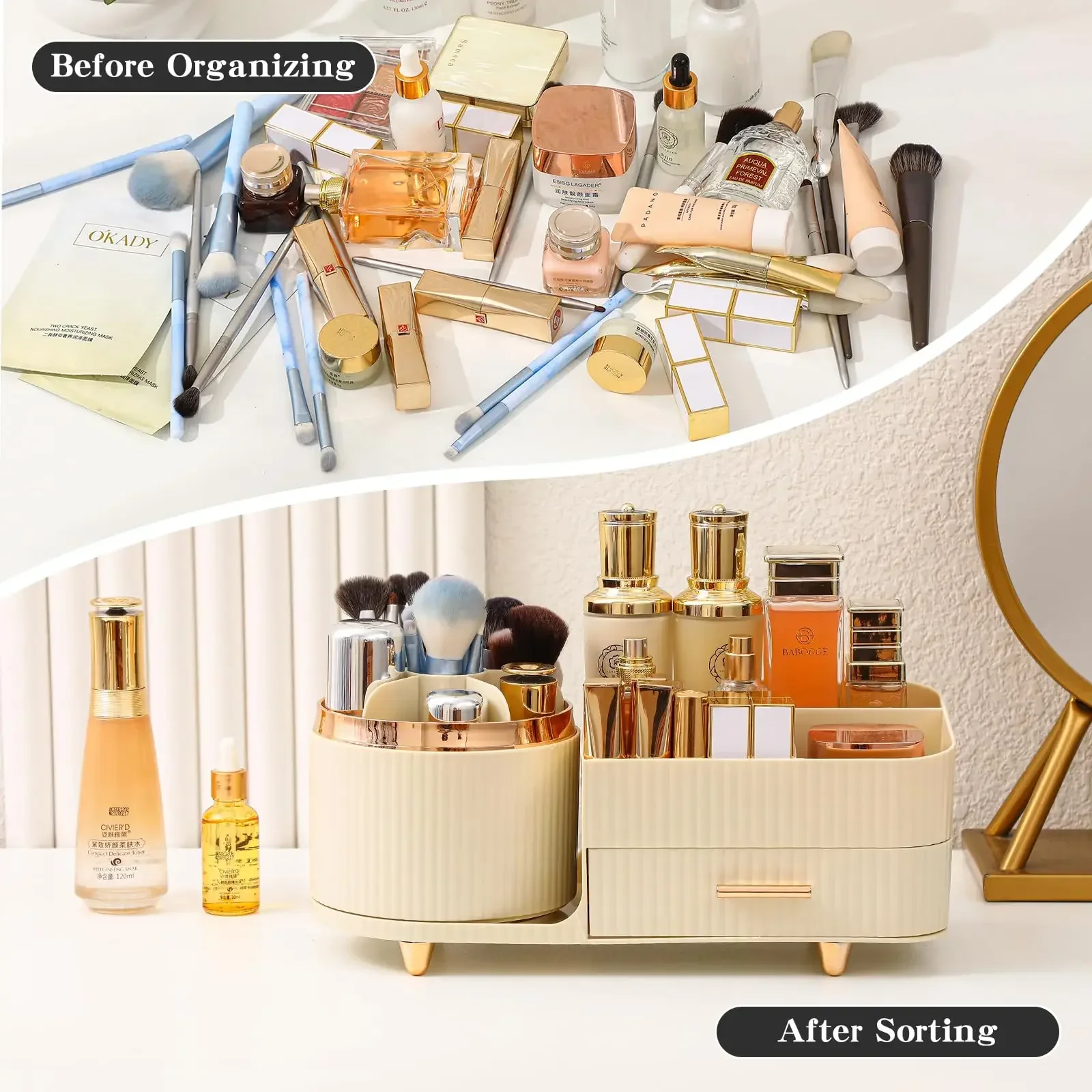Large Capacity 360° Rotating Makeup and Skincare Organizer with Drawers