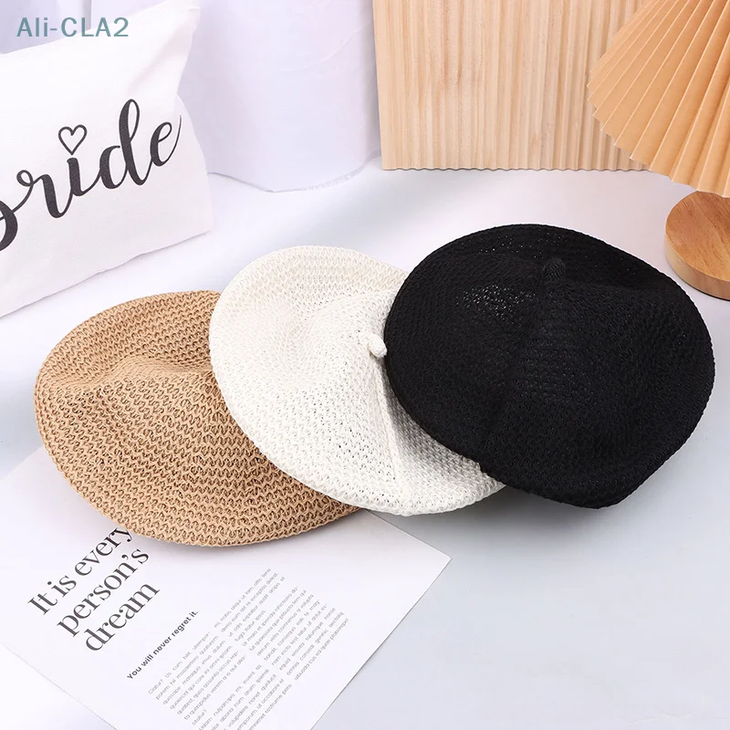 Women Fixed Pleated Paper Straw Beret Summer Milk Silk Knit Breathable Big Artist Fashion Painter Hat