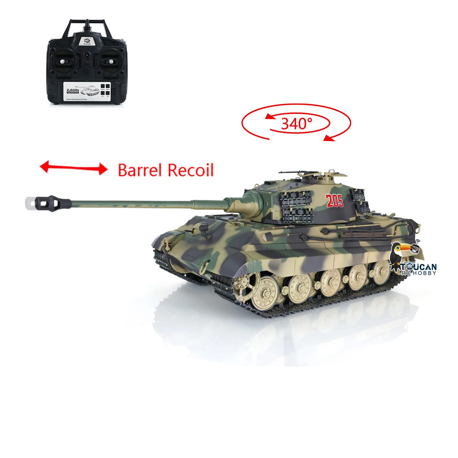 Détail de la tourelle du char RC HengLong Tiger I 1/16 - Tank robot télécommandé avec airsoft et son, avec le canon pointé.