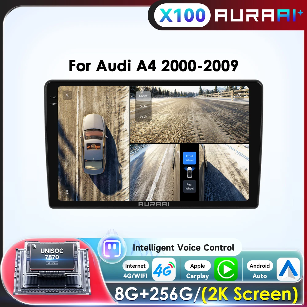 AURAAI 7870 Autoradio für Audi A4 2000–2009 Drahtloses Carplay-Auto 2K-Bildschirm 8-Kern-Android-Multimedia 360CAM ADAS 3 geteilte Bildschirme