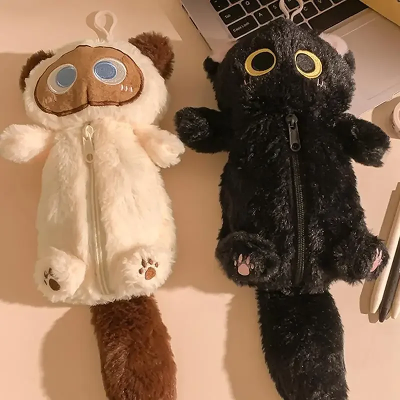 Cartoon Plush Big-Eyed Cat Pencil Case Super Soft Fun Doll Large Capacity Pencil Bags Multi-Functional Stationery Storage Bag 6