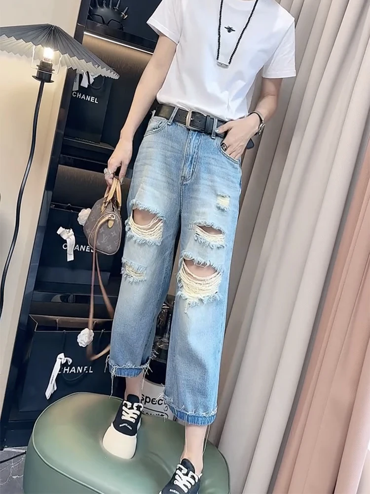 

Синие женские джинсы с высокой талией, винтажные прямые джинсовые брюки Y2K, уличная одежда, американские рваные модные мешковатые джинсы с широкими штанинами