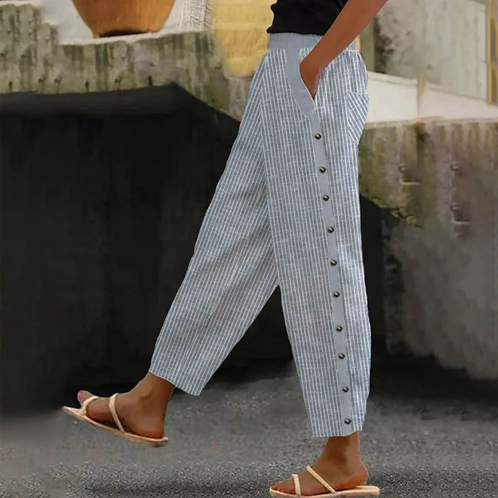 

Comfortable Pants Striped Print Loose Fit Pants with Side Buttons Pockets for Women Mid-rise Elastic Waistband for Summer