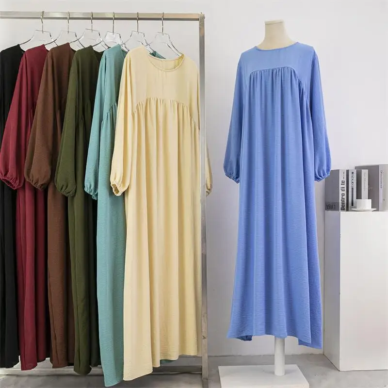 Spring Autumn Muslim Dress for Women Loose Maxi Dresses Fashion Female Full Sleeve Casual Solid Pockets Robe Maxi Long Dress