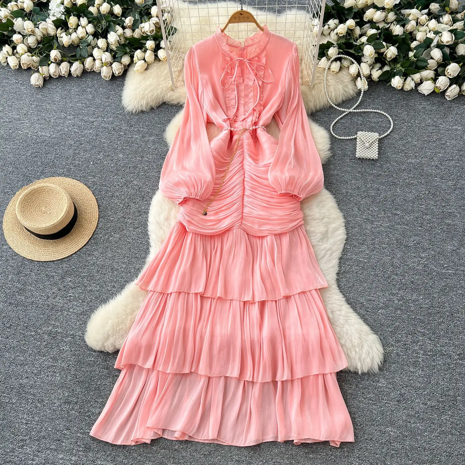 Spliced Lace Dresses Lantern Sleeve Ankle Length Dress Women Solid Party Dress Sexy Wrap Buttocks 2025 Autumn High Waist